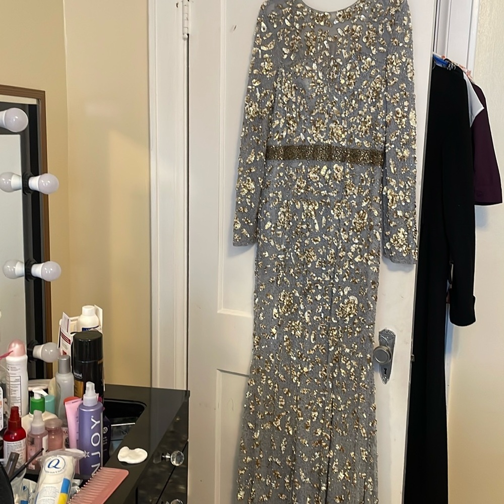 Dantell with gold spangles caller gray siz 10 brand MacDuggal